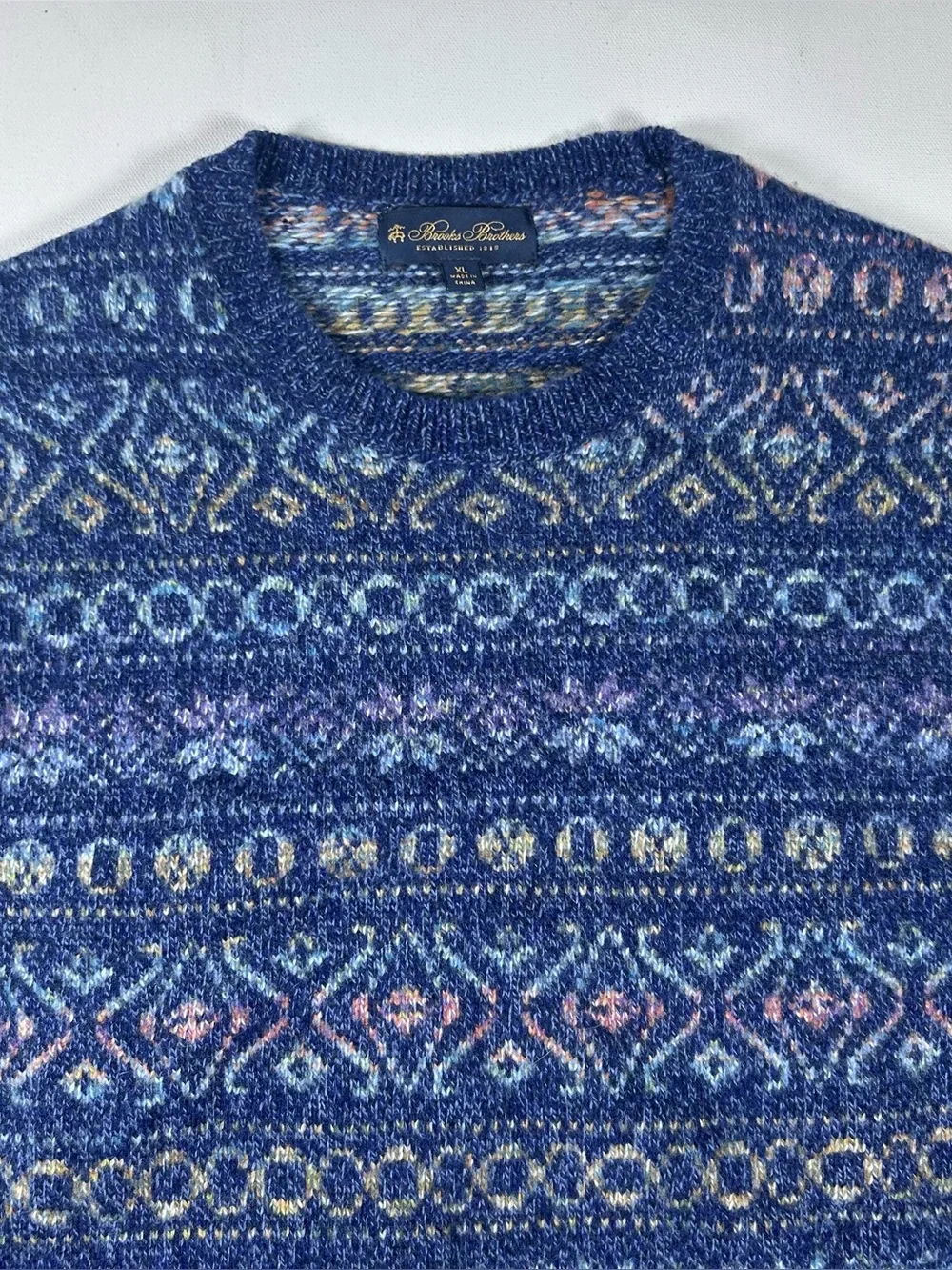 Brooks Brothers Mens XL Fair Isle Knit Crewneck Pullover Sweater 100% Wool